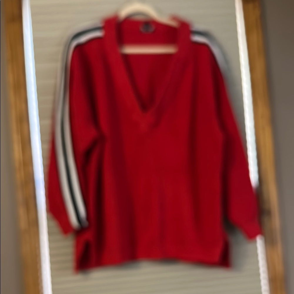 Red V-Neck Sweater with Striped Sleeves
